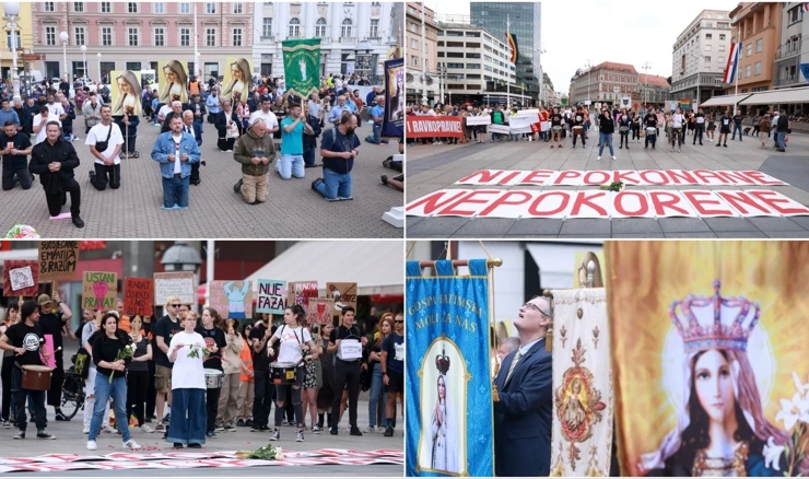 Molitelji kleče na Trgu bana Jelačića, nasuprot njih "tiha misa"