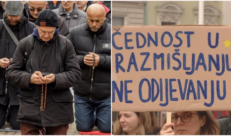 Na Trgu bana Jelačića u Zagrebu muškarci opet mole, a okupili se i prosvjednici s transparentima