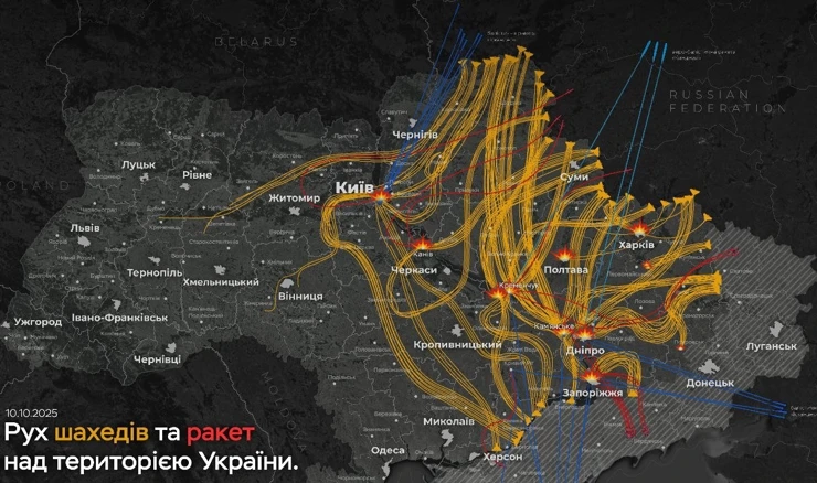 Putanja ruskih dronova i projektila u napadu na Ukrajinu, 9./10. listopada