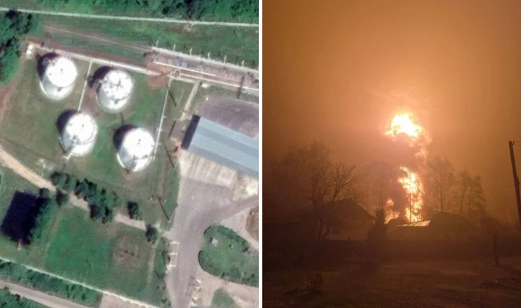 Satelitska snimka spremnika u Tambovskoj oblasti / Pogođeni spremnik
